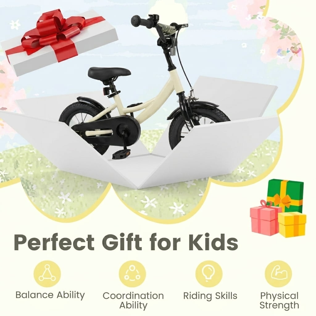 Redsmile Kids Bike 12 Inch with Removable Training Wheels for Boys Girls Ages 3-4, Sport Bicycle with Adjustable Seat, Rubber Wheels, 145 lb Capacity, Coaster Brake Toddler Bicycle, Beige