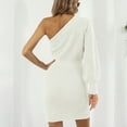 thumbnail image 5 of SWSMCLT Women's Ribbed Knit Knitted One Shoulder Bishop Sleeve Long Sleeve Bodycon Dress Sexy Fall Winter Mini Backless Wedding Cocktail Party Short Sweater Dresses White 8-10, 5 of 5