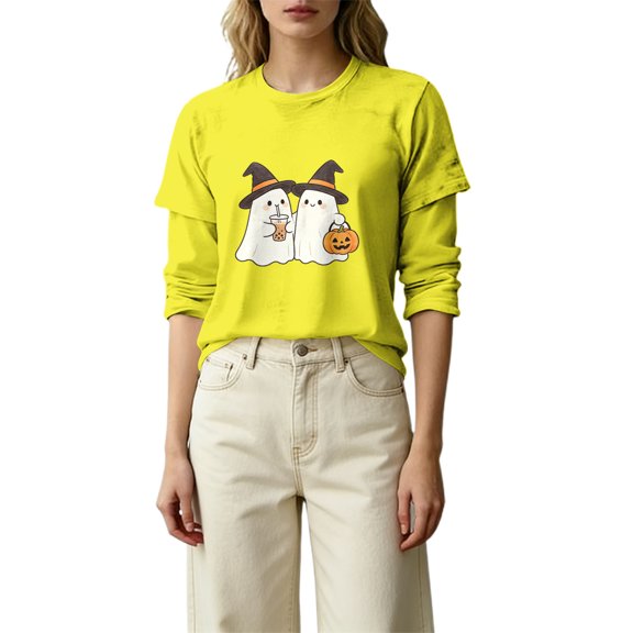 MVRLSH Womens Tops Blouse Casual Halloween Graphic Printed Comfortable Fashion Daily Wear Loose Fit Blouses Yellow - XXXL