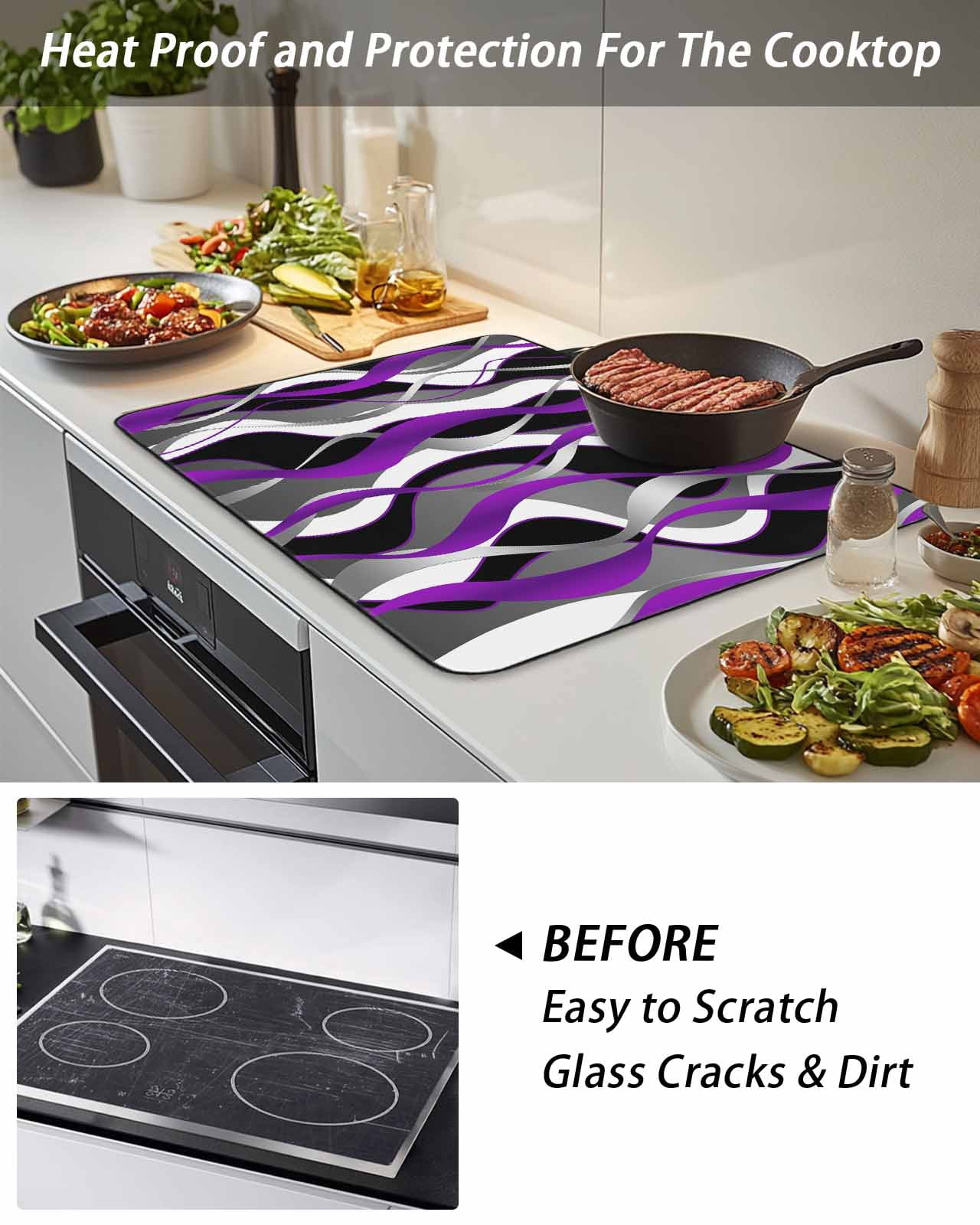 Stove Top Covers for Electric Stove, Purple Stripe Glass Stovetop Cover Protector, Black Grey White Gradient Striped Geometric Induction Cooktop Protector Oven Mat for Kitchen Countertop 31"x24"