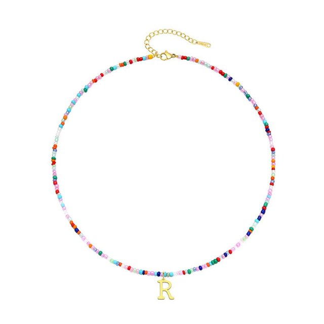 Kkkded Collier de Perles Colorées Style Bohème Pendentif Alphabet Collier Ajustable - pour Femmes et Filles, Personnalisé