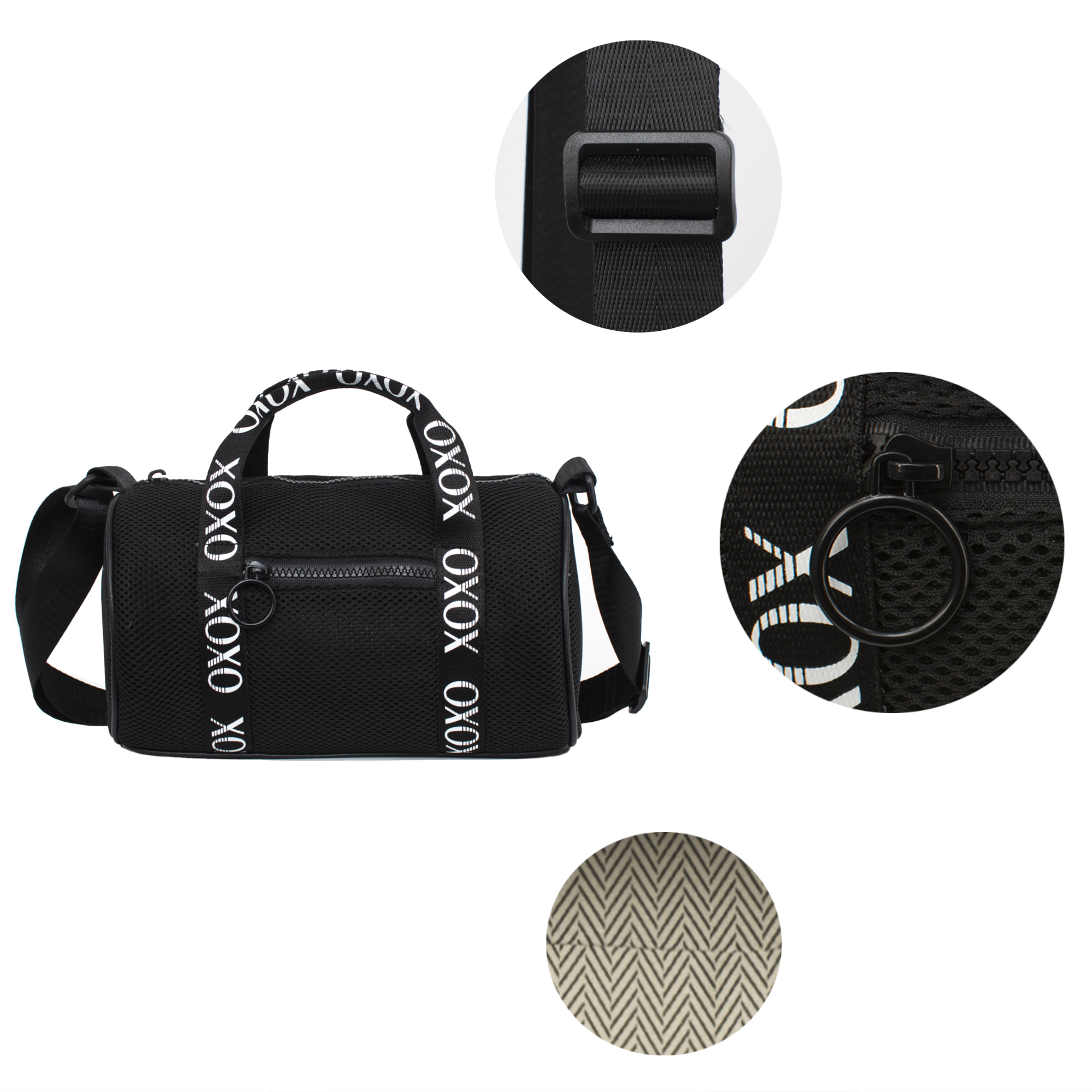 XOXO Women's Fabric Black Mesh Everyday Barrel Bag withTop Handles & Adjustable Strap