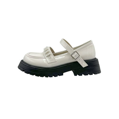 

Ritualay Women Non-slip School Uniform Shoe Lolita Ankle Strap Mary Jane Shoes Chunky Heel Leather Shoes Beige Style C 7.5