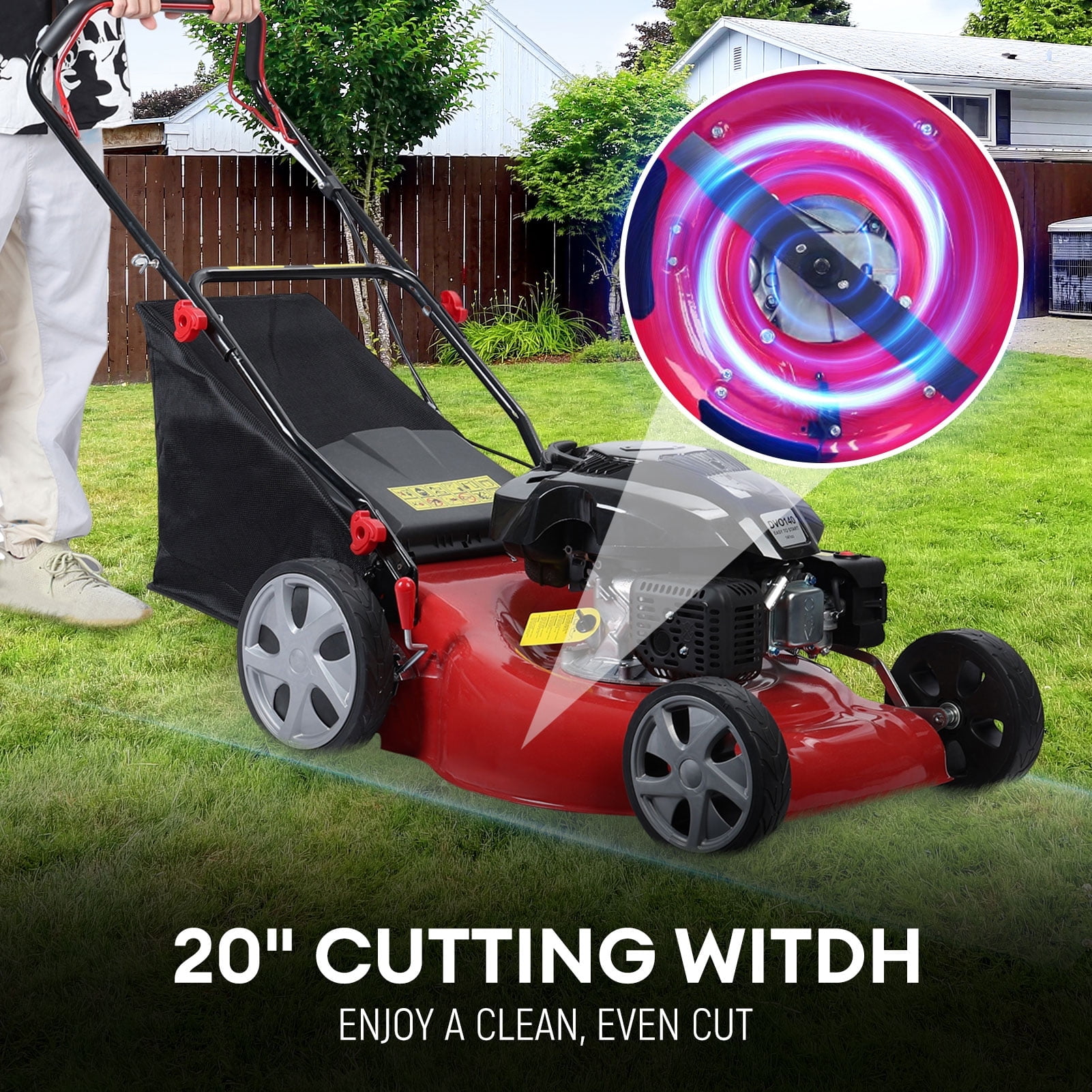 Fompes 20-Inch Gas Push Lawn Mower with 141 cc 4-Cycle Engine, 7-Position Dual Lever Height Adjustment Self Propelled Lawn Mower with 50L Grass Tank, Big Wheels