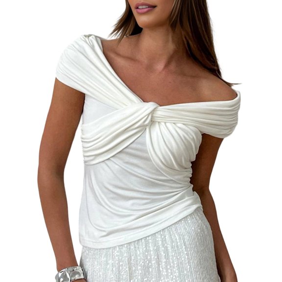Women Twist Knot Front Off the Shoulder Tank Tops Cap Sleeve Shirts Slim Fitted White S
