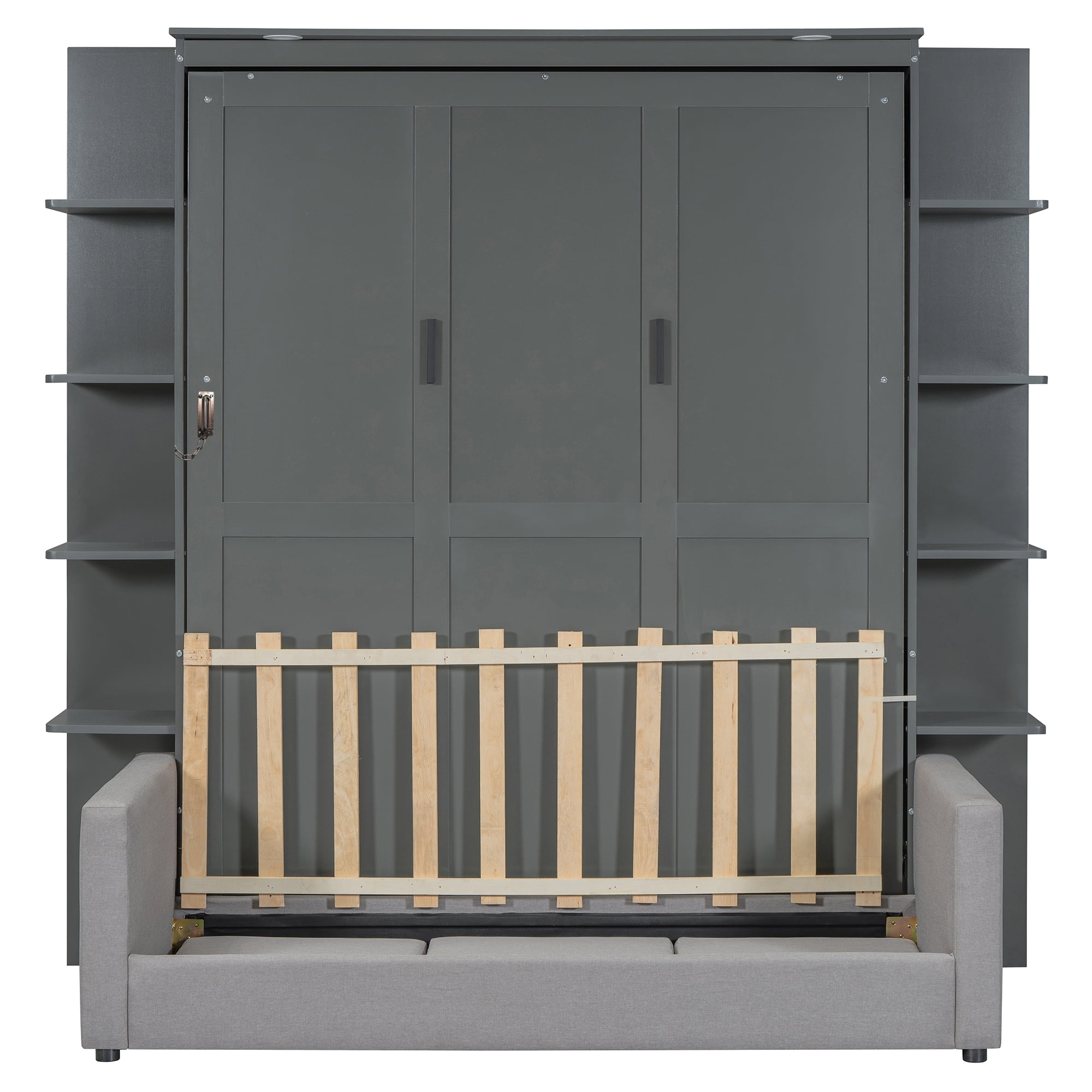 Mintazer Queen Murphy Bed with Sofa & Side Shelves, Modern Foldable Wall Bed with LED Lights for Bedroom Apartment Guest Room, Gray