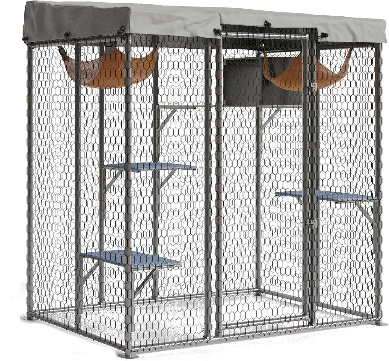 QinaQin Large Catio Outdoor Cat Enclosure,Extra Large Walk-in Cat Patio for Multiple Cats, Outdoor Catio with Waterproof Cover, Hammock, Resting Box and 4 Platforms,Light Grey