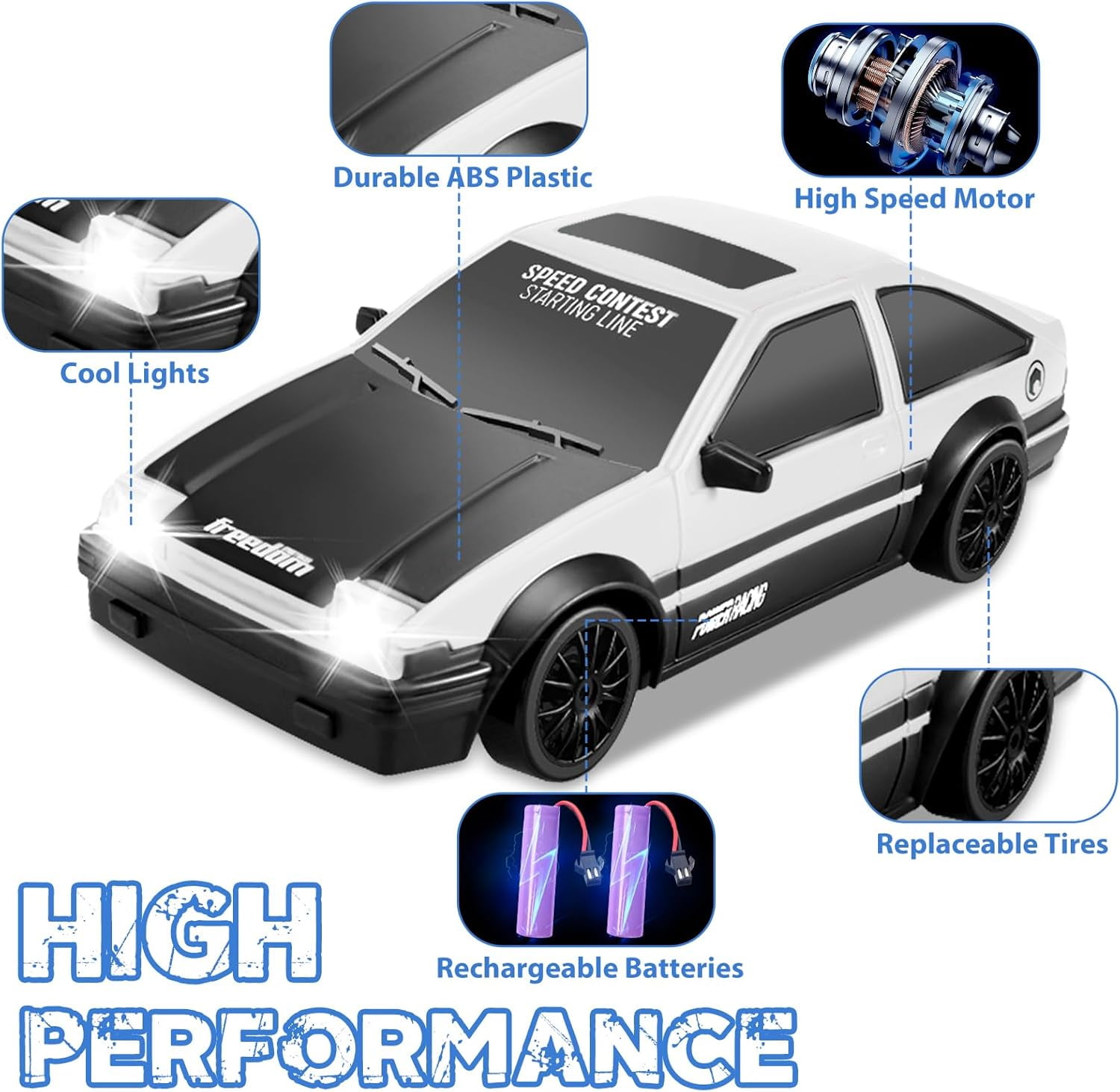 AIGIA 1:24 Scale Remote Control Car RC Drift Car 2.4GHz 4WD 15KM/H High Speed Two Batteries and Extra Tires Toys