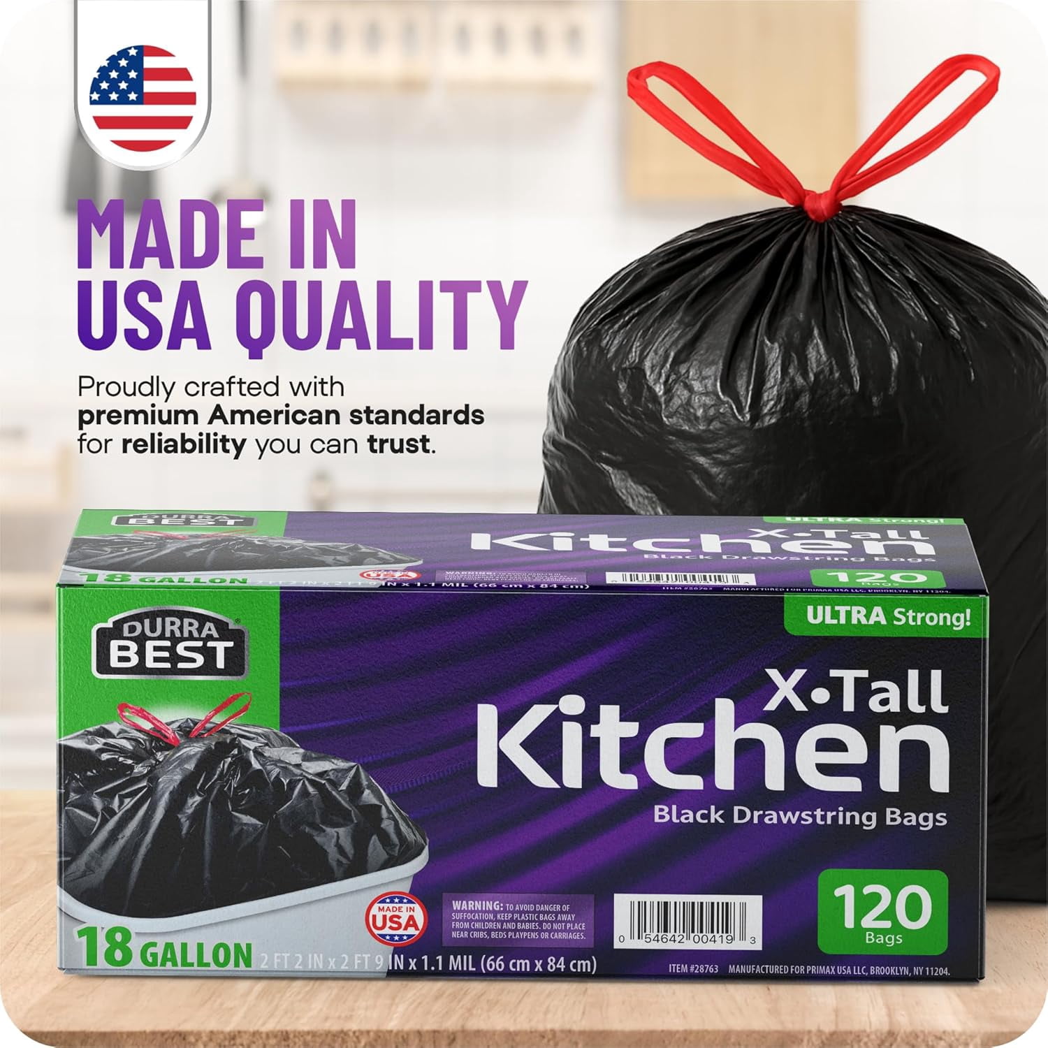 DURRA BEST Heavy-Duty Trash Bags – 120 count, 18 Gallon Black, Ultra Thick Drawstring Garbage Bags – Leak-Resistant for Home & Commercial Use, Big Trash Bags, Made in USA