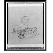 Historic Framed Print, [Sketch of Herman Miller showroom with Eames furniture and hanging polyhedron], 17-7/8" x 21-7/8"