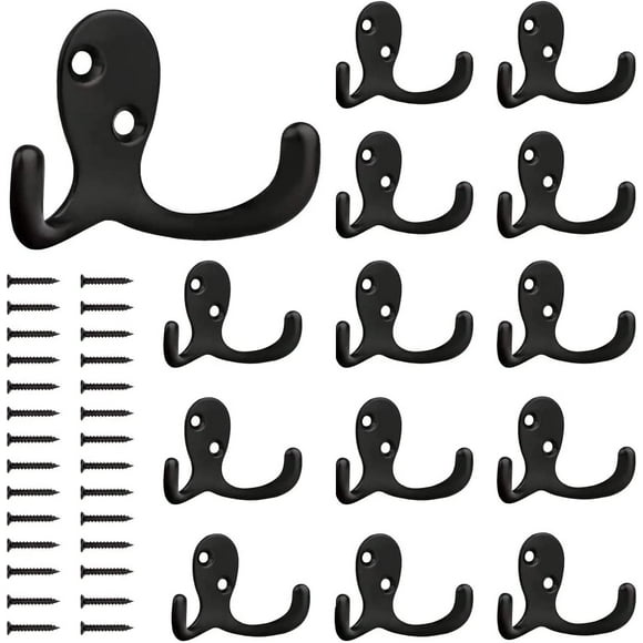 GHSDFBB Coat Hooks, 14 Pack Heavy Duty Double Prong Wall Mounted Robe Hooks with Screws, Coat Hanger Hooks for Hanging Coat, Hat,Towel,Scarf, Bag, Key, Cap, Cup Black