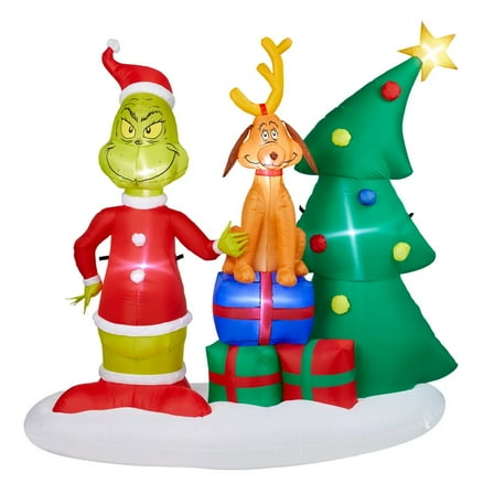 The Grinch 8FT Wide Grinch Standing with Max on top of Presents Scene Inflatable