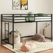 UHOMEPRO Junior Twin Loft Bed, Metal Twin Loft Bunk, Classic Square Loft Bed with Stairs and Reinforced Guardrail, Bunk Bed for Bedroom, Black