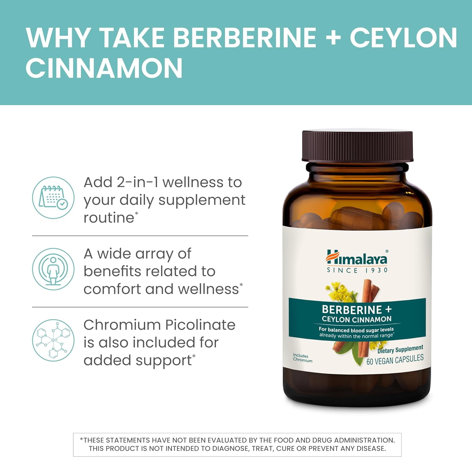 Himalaya Berberine with Ceylon Cinnamon - Herbal Supplement for Supporting Normal Metabolism, Immune, and Digestive Health - Vegan, Gluten Free, 60 Vegetarian Capsules