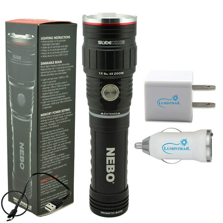 NEBO SLYDE KING 500 Lumen Rechargeable LED Flashlight Bundle with Lumintrail USB Plug Adapters Gen
