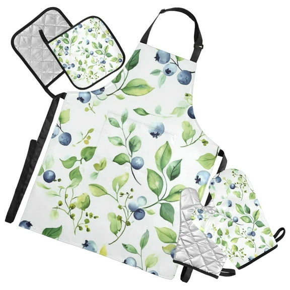 Blueberries and Green Leaves Oven Mitts and Pot Holders with Chef Apron Set 5 Pcs Kitchen Cooking Set