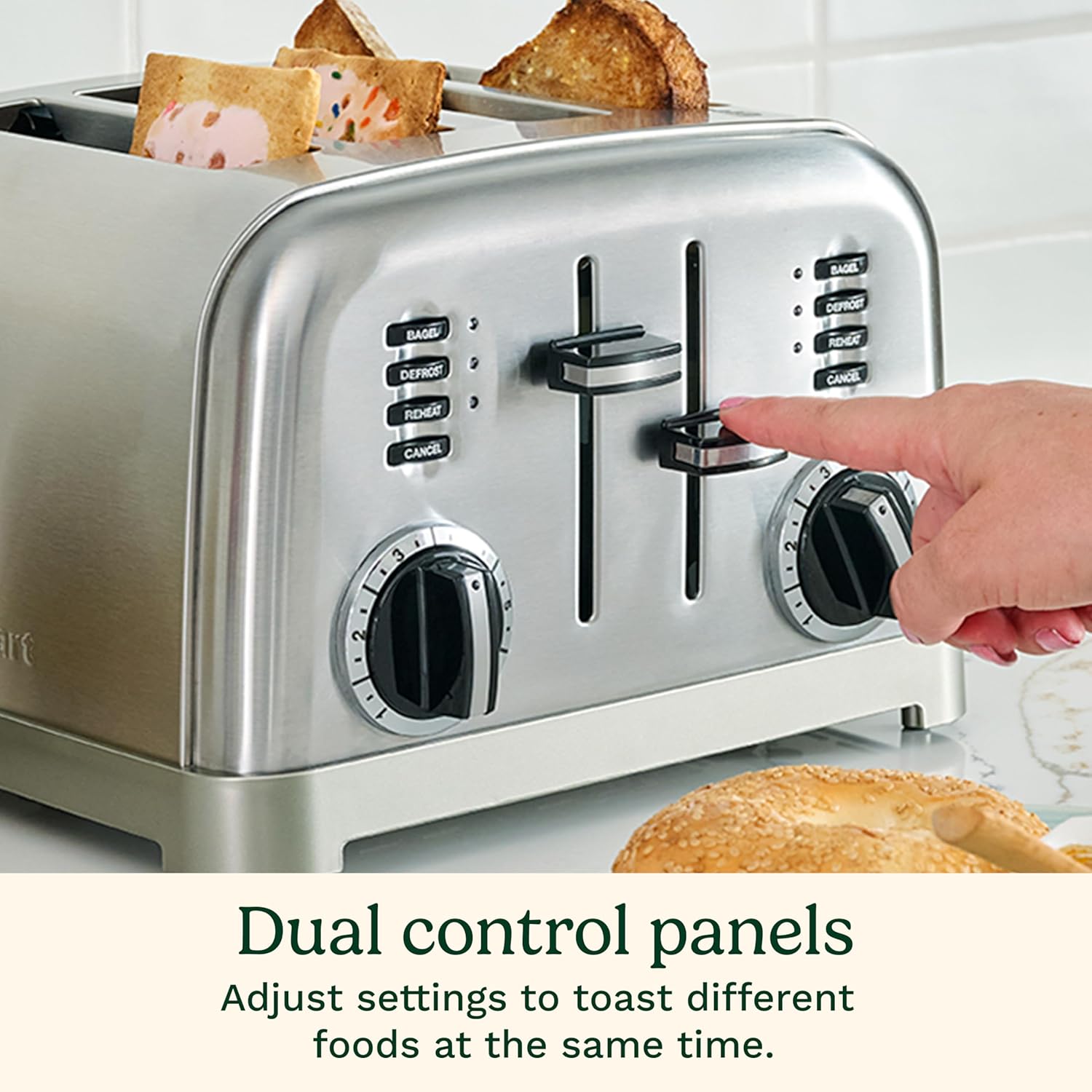 4 Slice Compact Stainless Steel Toaster with Extra-Wide Slots for Bread, French Toast, Bals & Pastries, Defrost Reheat Functions, CPT-180P1, Brushed Stainless, Removable Crumb Tray