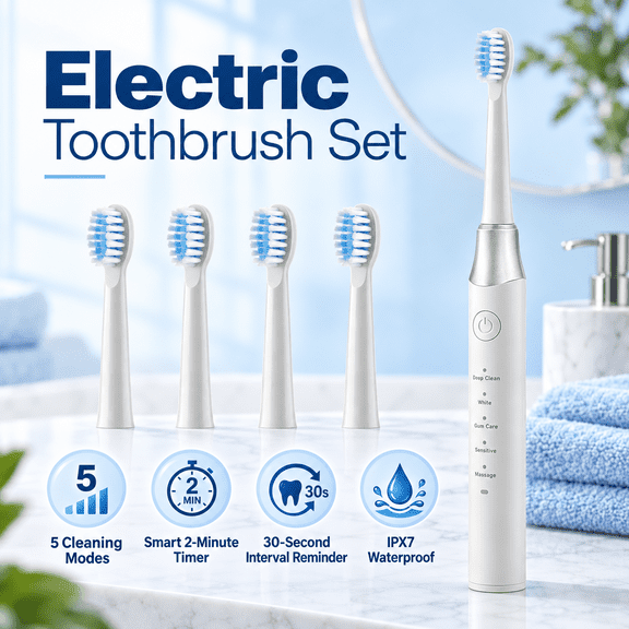 Electric Toothbrush for Adults, Rechargeable Electric Toothbrush with 5 Brushing Modes& Smart 2-Min Timer&4 Toothbrush Heads, Cordless Cleaning Toothbrush Kit, White