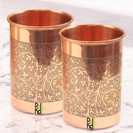 Peekdee Set of 2 Copper Drinking Glass Handcrafted Embossed Designed 300 ml Water Tumbler For Gifting