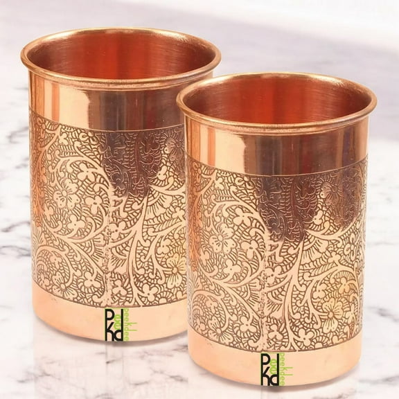 Peekdee Set of 2 Copper Drinking Glass Handcrafted Embossed Designed 300 ml Water Tumbler For Gifting