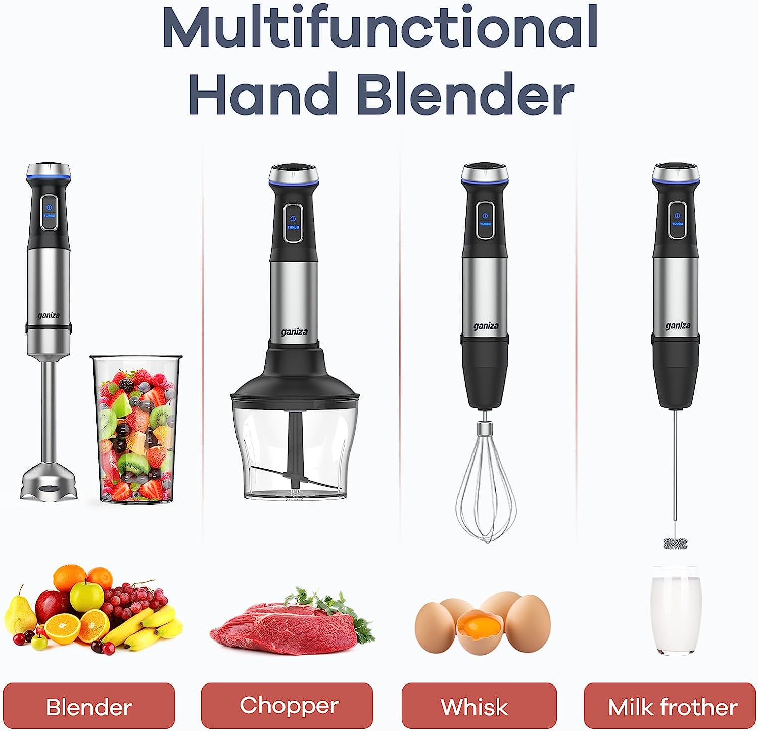 Immersion Blender 5 in 1 Hand Blender  1000W Heavy Duty Motor Stainless Steel Blade With Beaker Chopper Whisk