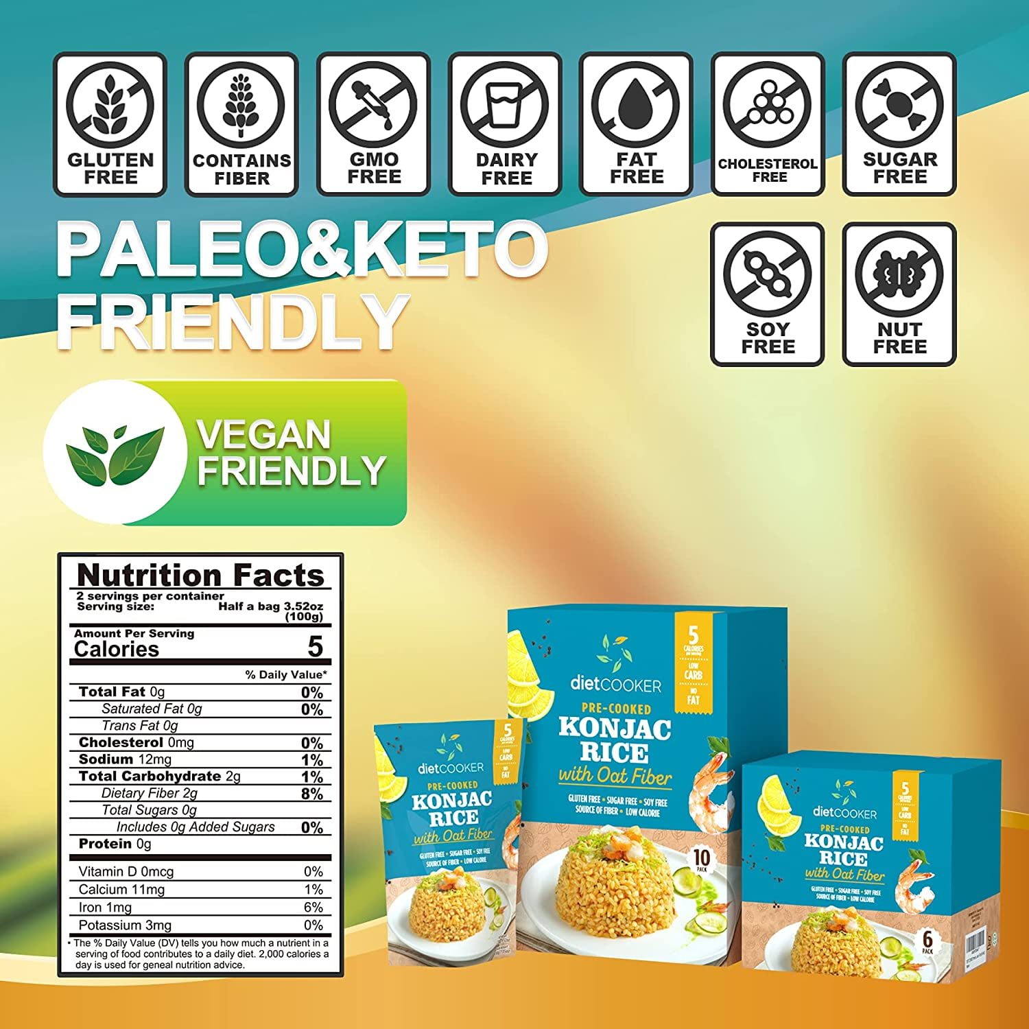 DIET COOKER Shirataki Konjac Rice - 10 Pack 20 Servings, Keto & Vegan Friendly, Odor Free, Low Calorie, Slim Rice Healthy & Easy Ready-to-Eat Healthy Rice Alternative