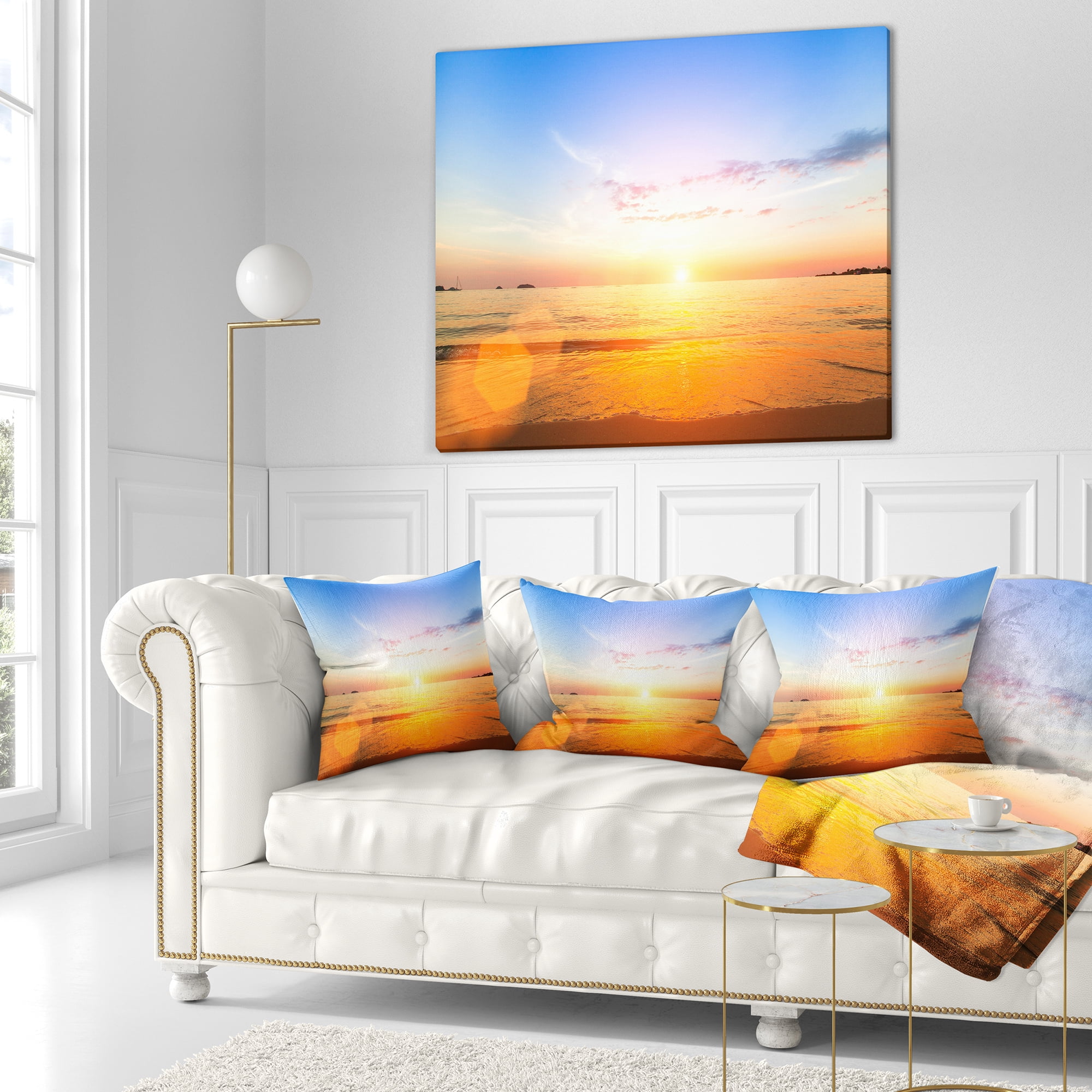 Designart Beautiful Sunset over Yellow Waters - Modern Beach Throw Pillow - 16x16