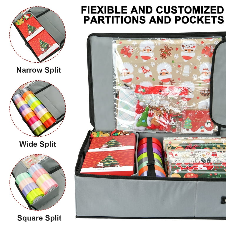 BALEINE Christmas Wrapping Paper Storage Organizer with Flexible Partitions  and Pockets, 40 Durable 600D Oxford Fabric Gift Wrap Storage Bag Fits