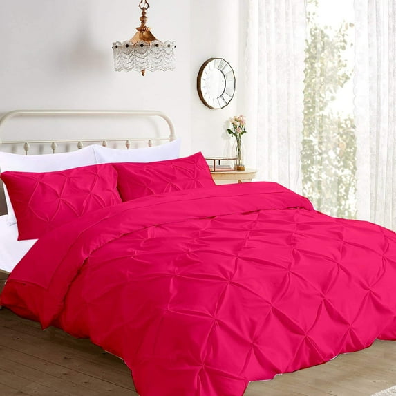 Duvet Cover 3 Piece Egyptian Cotton Cozy & Breathable 600 Thread Count Pinch Duvet Covers with Zipper Closure & Corner Ties Soft Pintuck Comforter Cover (Oversized King, Hot Pink )