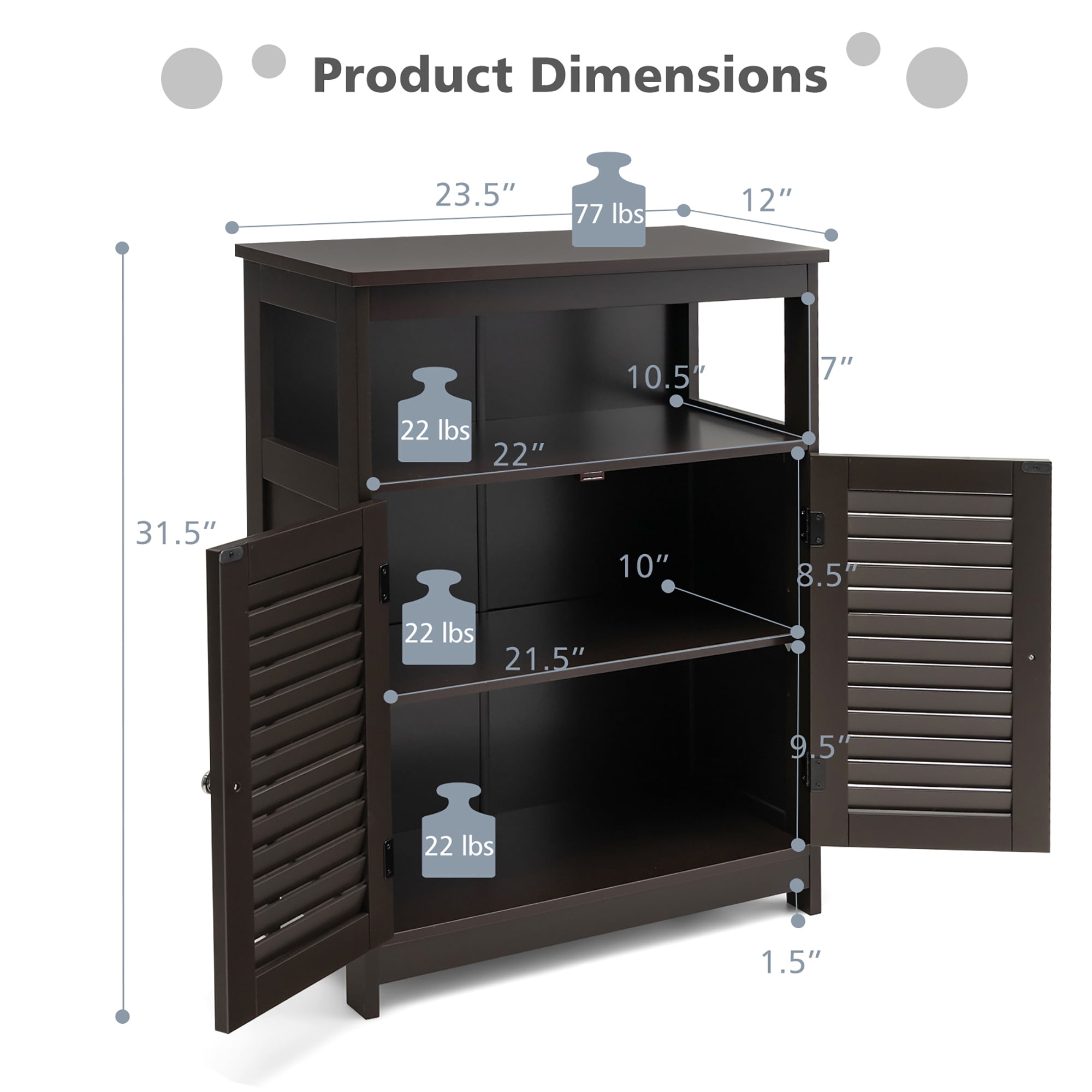 Costway Bathroom Storage Wood Floor Cabinet with Double Shutter Door Coffee