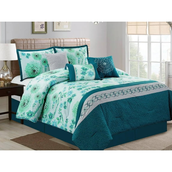 7-Pc Watercolor Floral Scroll Heart Diamond Quilted Embroidery Comforter Set Blue Green Teal Gray King