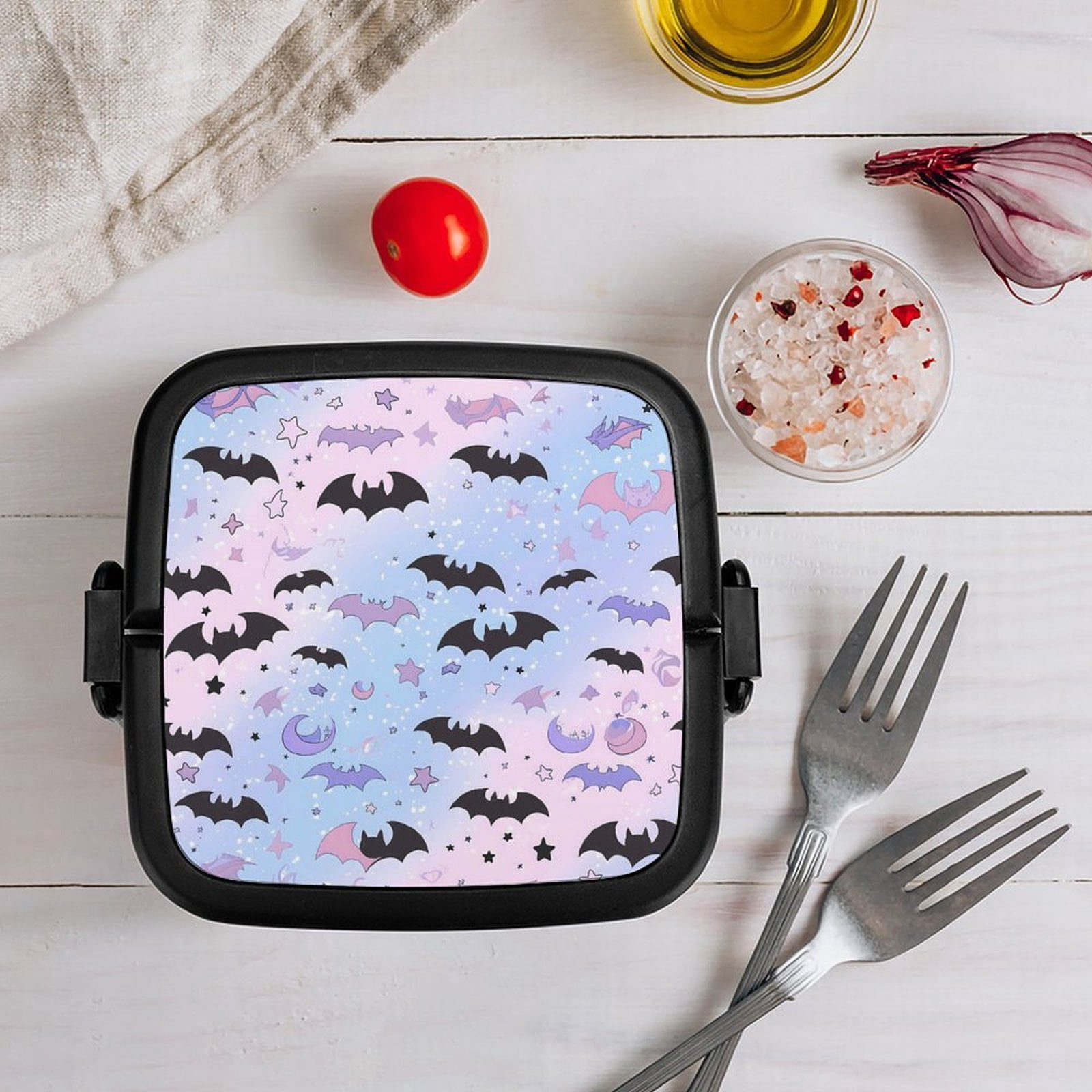 5.3×4.3in Double-Layer Bento Box Sealing Leakproof Partition Design Buckle Design Convenient Switch With Handle The Black And Purple Flying Bats in The Sky