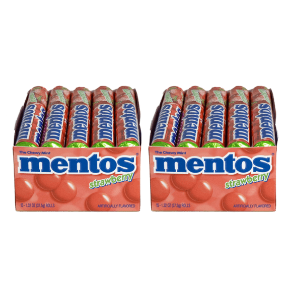 Mentos Strawberry Flavor Roll Non Melting, 15 Rolls (1.32 oz. per roll) (Pack of 2)