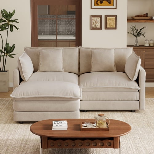 70.8" L-Shaped 2-Seater Sofa with Ottoman & 5 Pillows, Chenille Modular Sectional Couch for Small Spaces, Light coffee