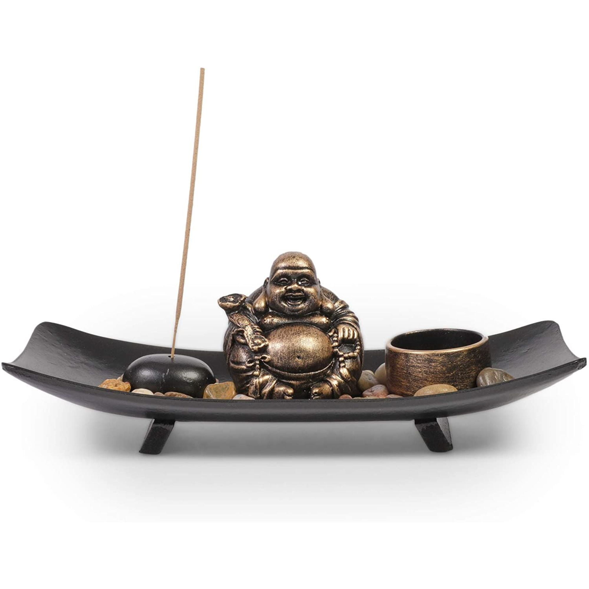 Sitting Laughing Buddha Statue Figurine Tealight for Home Garden Decor Feng Shui Gift - Black ...