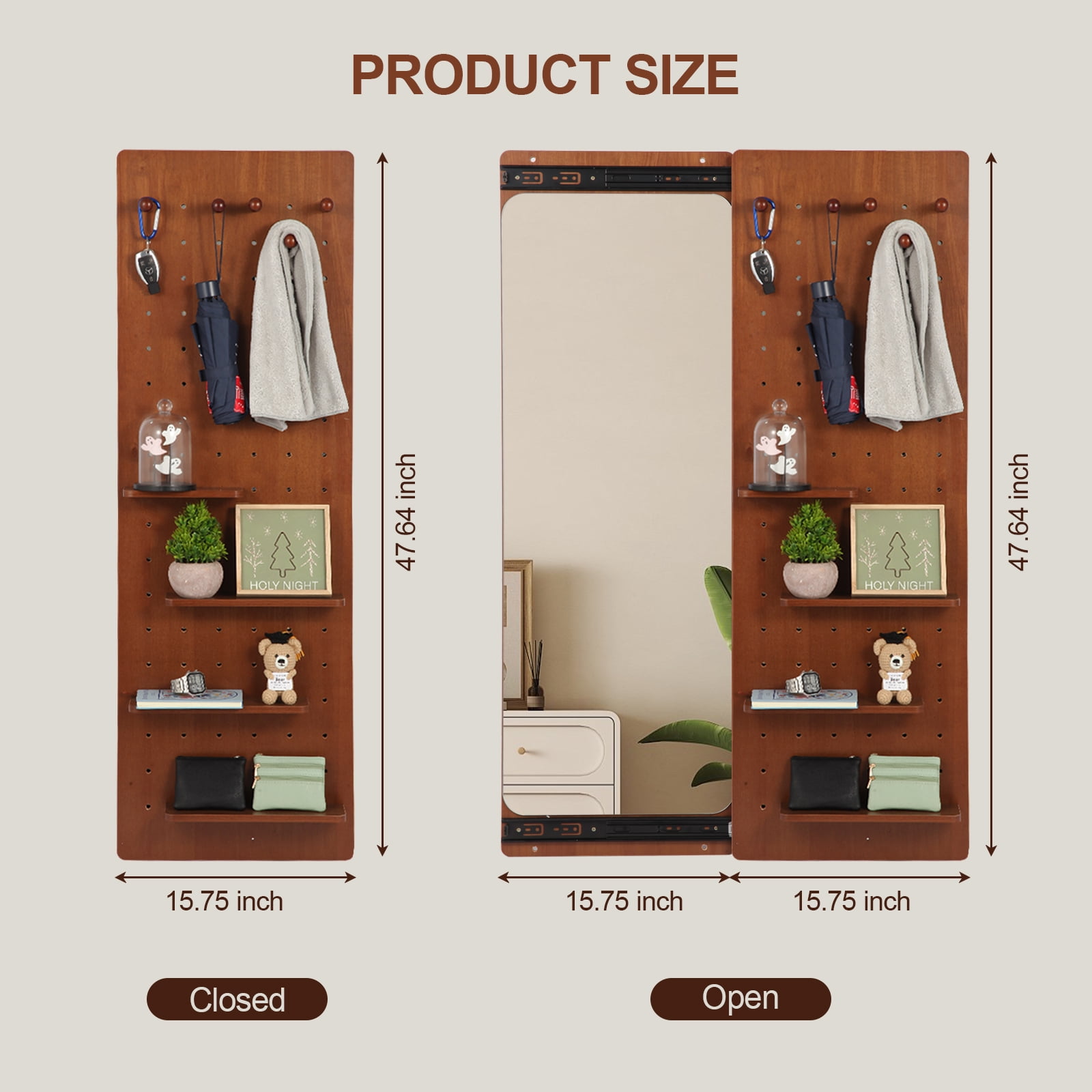Leumius Wall Mounted Full Length Mirror,Full Body Mirror with Shelf,Multifunctional Wall Mounted Mirror with Hideable mirror for Entrance,Bedroom,Living Room,Walnut