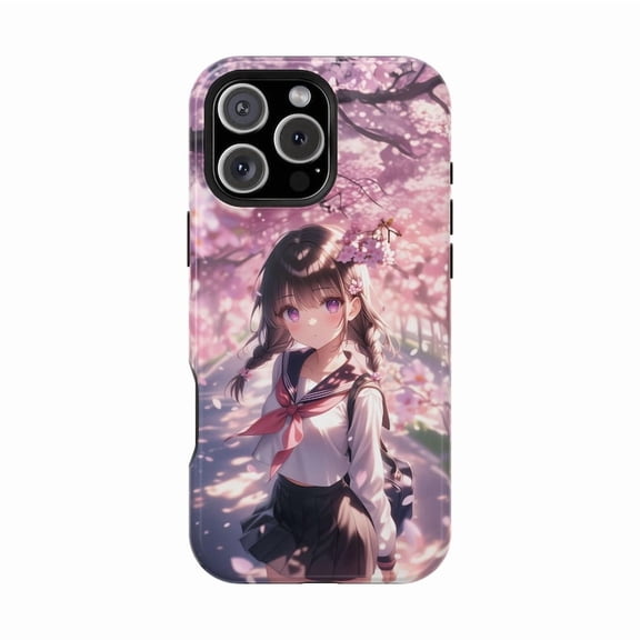 Anime Schoolgirl Cherry Blossom Kawaii Phone Case for iPhone 11 12 13 14 15 16 17 Pro Max