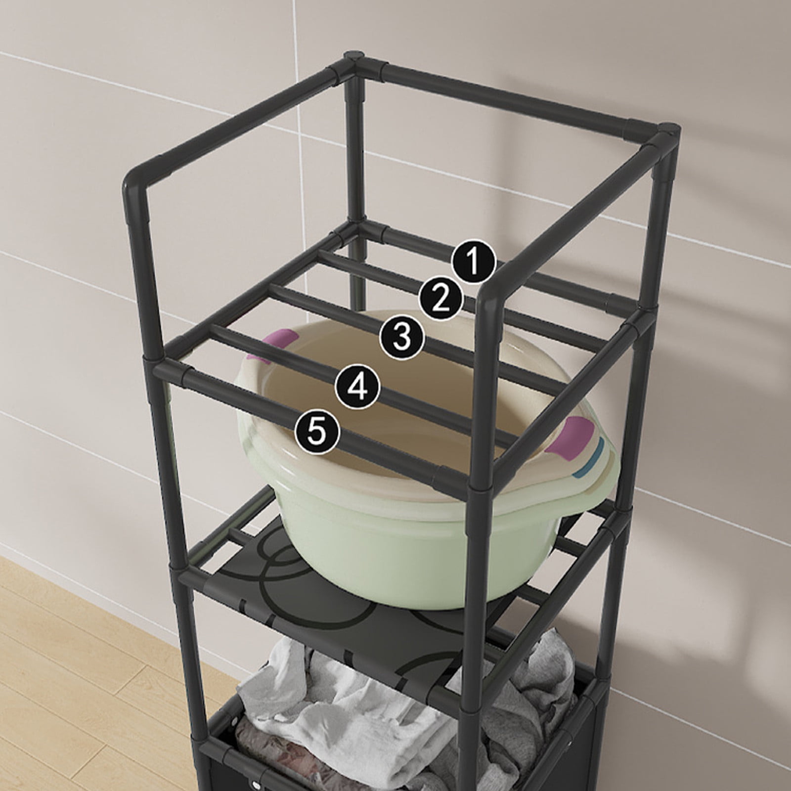 Wzzjkit 3 Tiers Laundry Hamper with Wheels, Tall Laundry Basket Sorter, Ladder Shelves with Clothes Organizer for Bathroom Bedroom