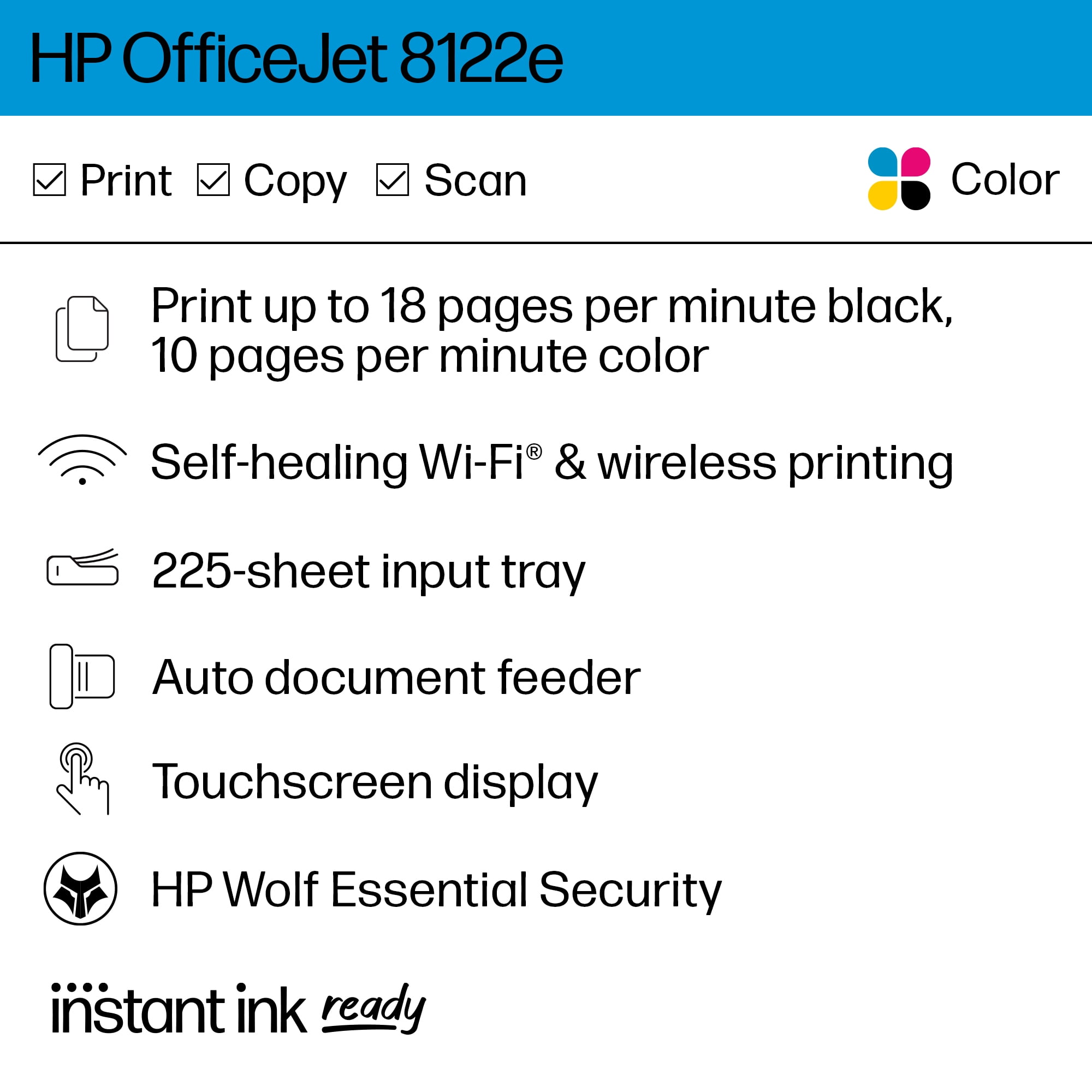 HP OfficeJet 8122e Wireless All-in-One Color Inkjet Printer, Scanner, Copier, ADF, 3 months Instant Ink