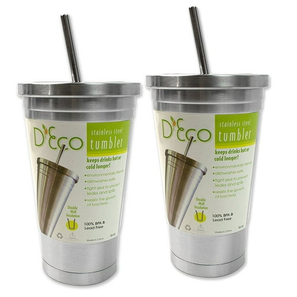 Stainless Steel Tumbler w/ Straw- 2 pack -Hot & Cold Double Wall Insulated Drinking Mug- 16 oz. -Dishwasher Safe & BPA Free-Leak & Spill Proof-Great for travel, back to school & college dorm essential