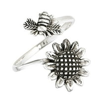 Open Adjustable Bee Sunflower Flower Thumb Ring Sterling Silver Band 925 Jewelry Female Male Size 9