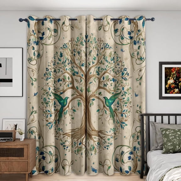 Tree Of Life Curtains For Living Room, Vintage Bird Floral Pattern Design Blackout Curtains, Tree Of Life Bedroom Decor Window Drapes With Grommet 38"W x 45"L (Pack of 2)