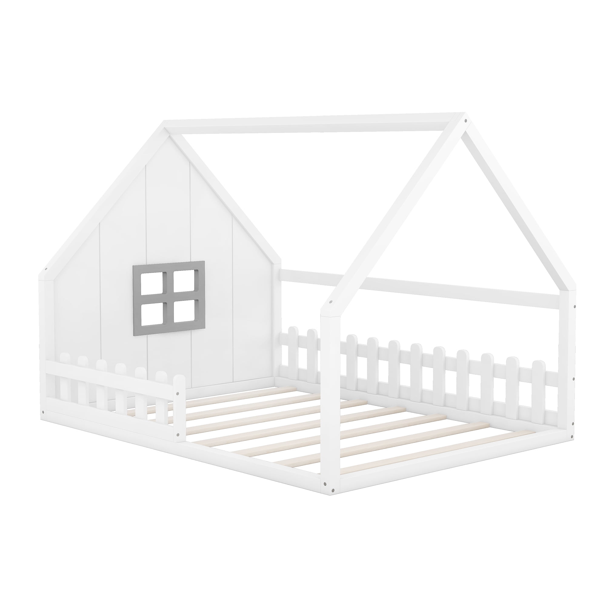 Bellemave House Bed Full Size Floor Bed with Fence Railings and Window, Wooden Montessori Floor Bed,Full Size Bed Frame,White