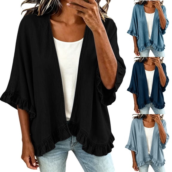 Women's 3/4 Sleeve Ruffle Denim Cardigan V Neck Open Front Loose Fitting Lightweight Jean Jacket Black 3XL