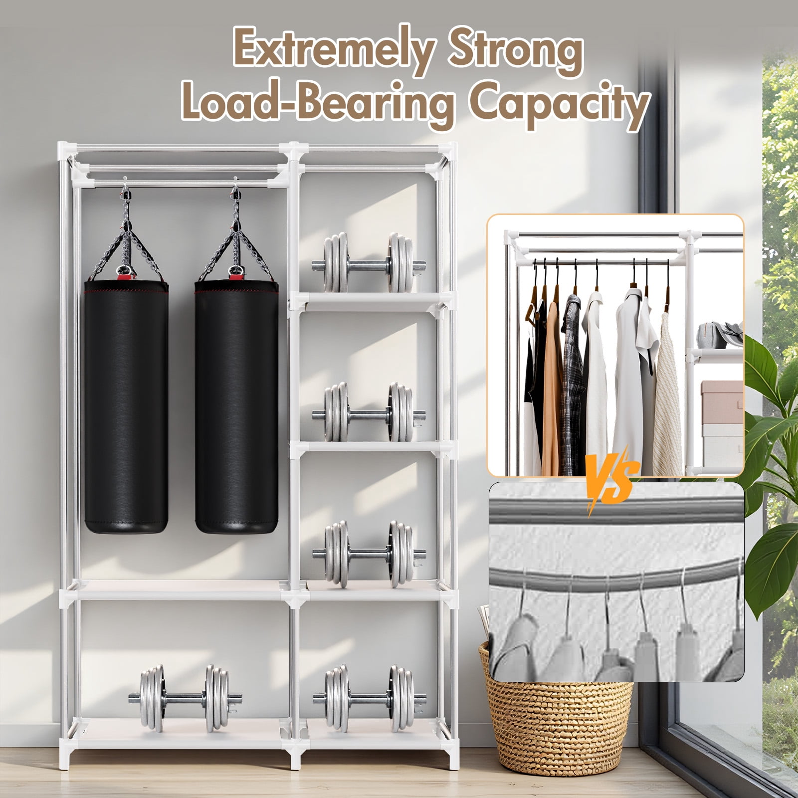 BAOKALER Ready-to-Use Coffee Brown Portable Closet: 6 Shelves, 1 Hanging Rod and 4 Side Pockets – Perfect for Bedrooms, Living Rooms, Cloakrooms, Garages, Dorms and Apartments