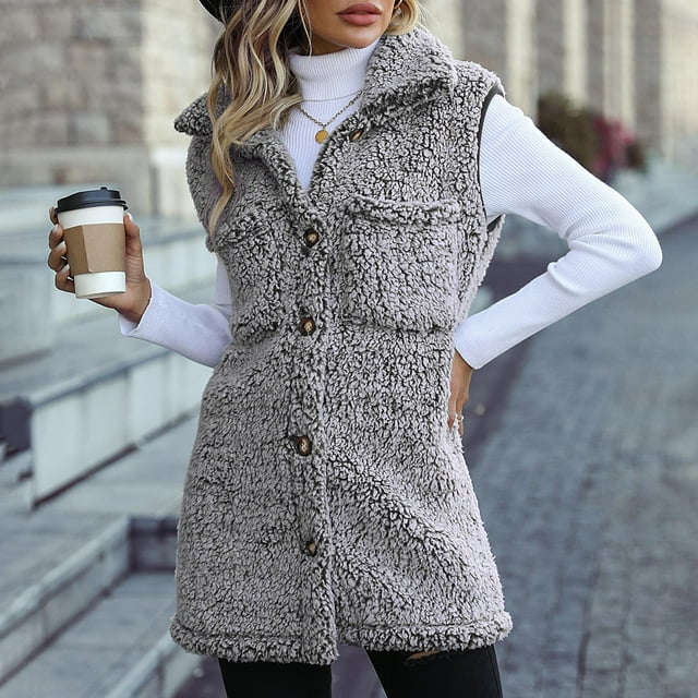 Qetyuw Gilet Sherpa pour Femmes Automne Hiver Sans Manches Veste Décontractée à Boutons Col Léger