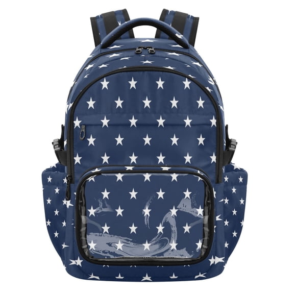 Qxltty Navy White Star Print Backpack School Bookbag with Clear PVC Front Pocket, Laptop Compartment, Water Resistant Travel Daypack for Students