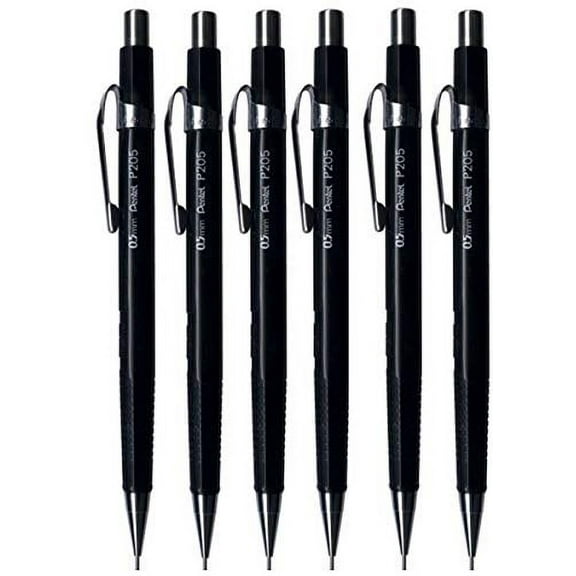 Pentel 0.5mm (P205) Black P200 Series Automatic Mechanical Drafting Pencil Refillable Lead Eraser P205-A (Pack of 6)