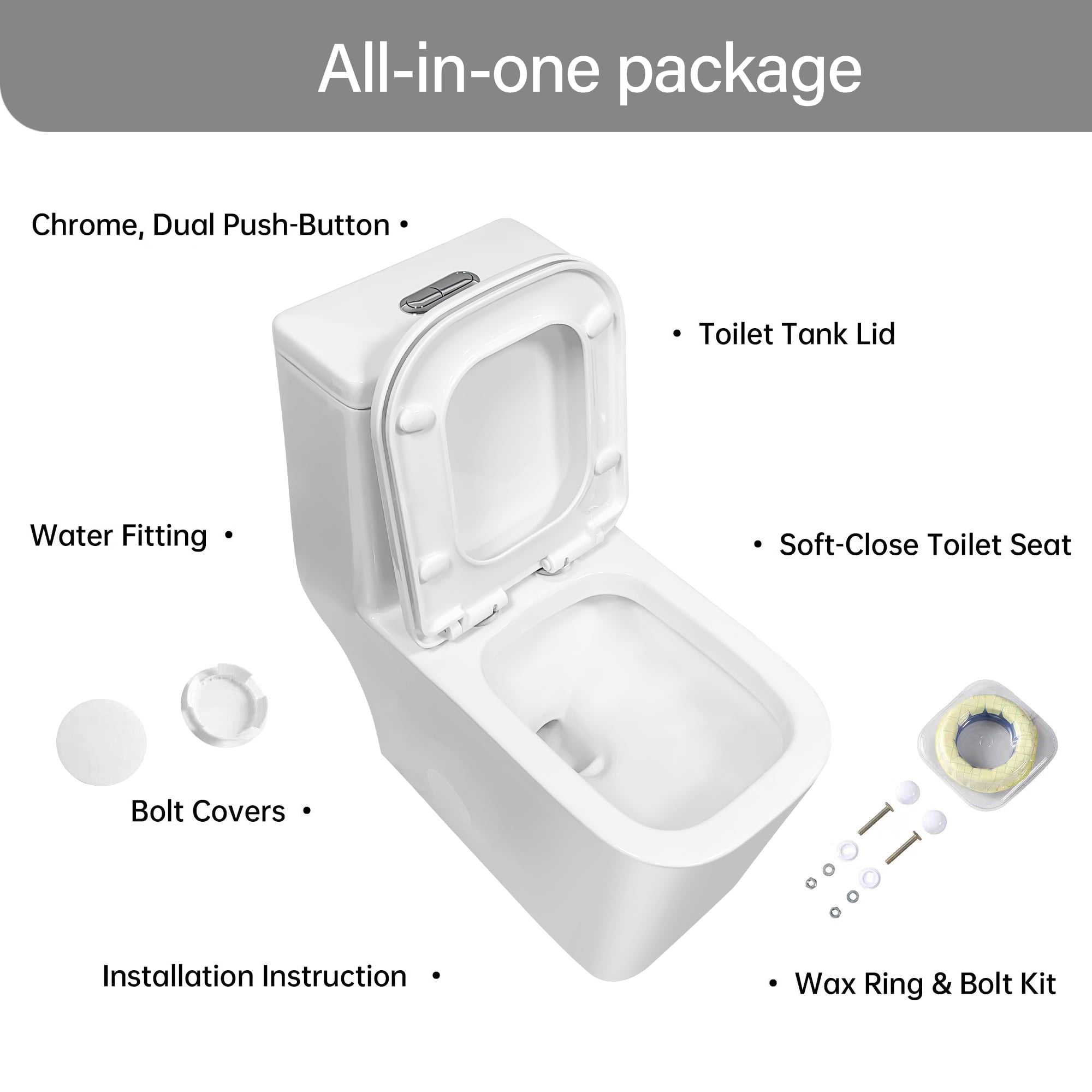 Alvantor Dual-Flush One-Piece Toilet 15.7"Height Square Bowl 1.28/1.6 GPF Toilet White
