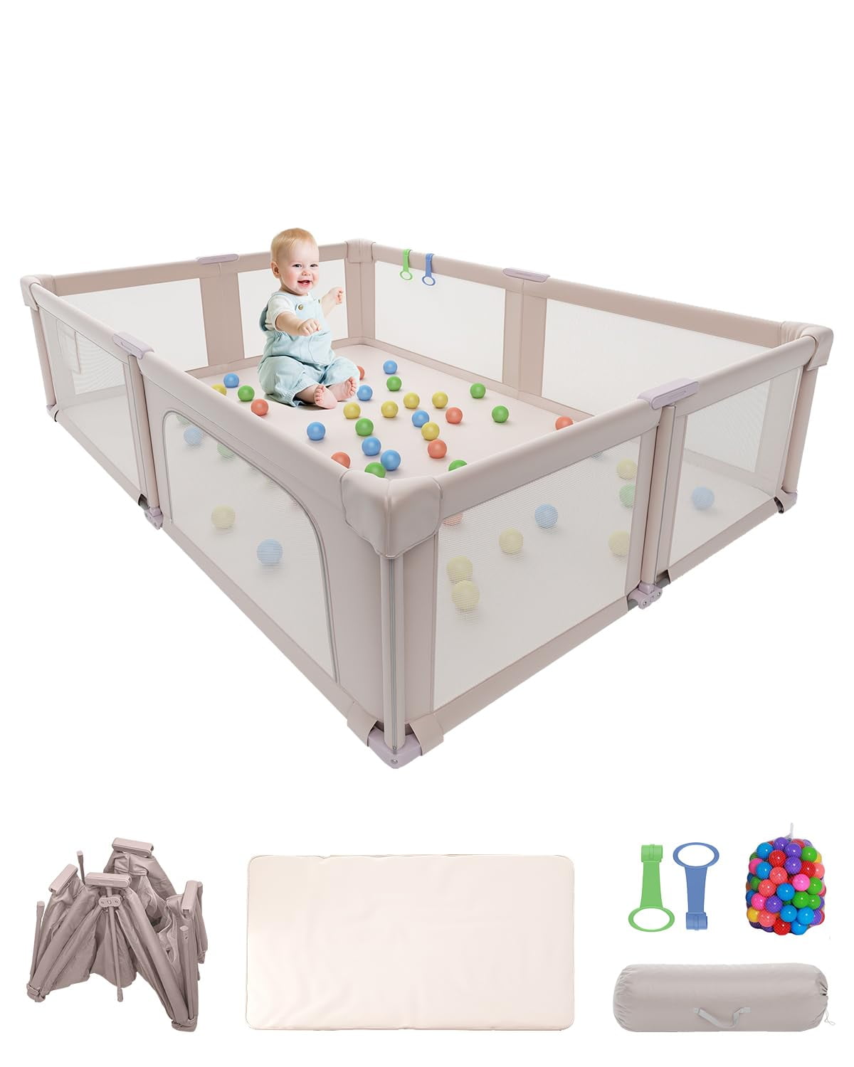 NEGYLIM 73" ×61" Large Baby Playpen, Baby Playard for Babies and Toddlers, Baby Fence Play Pens for Indoor & Outdoor, Sturdy Safety Play Yard with Soft Breathable Mesh and Carry Bag, Anti-Fall, Pink